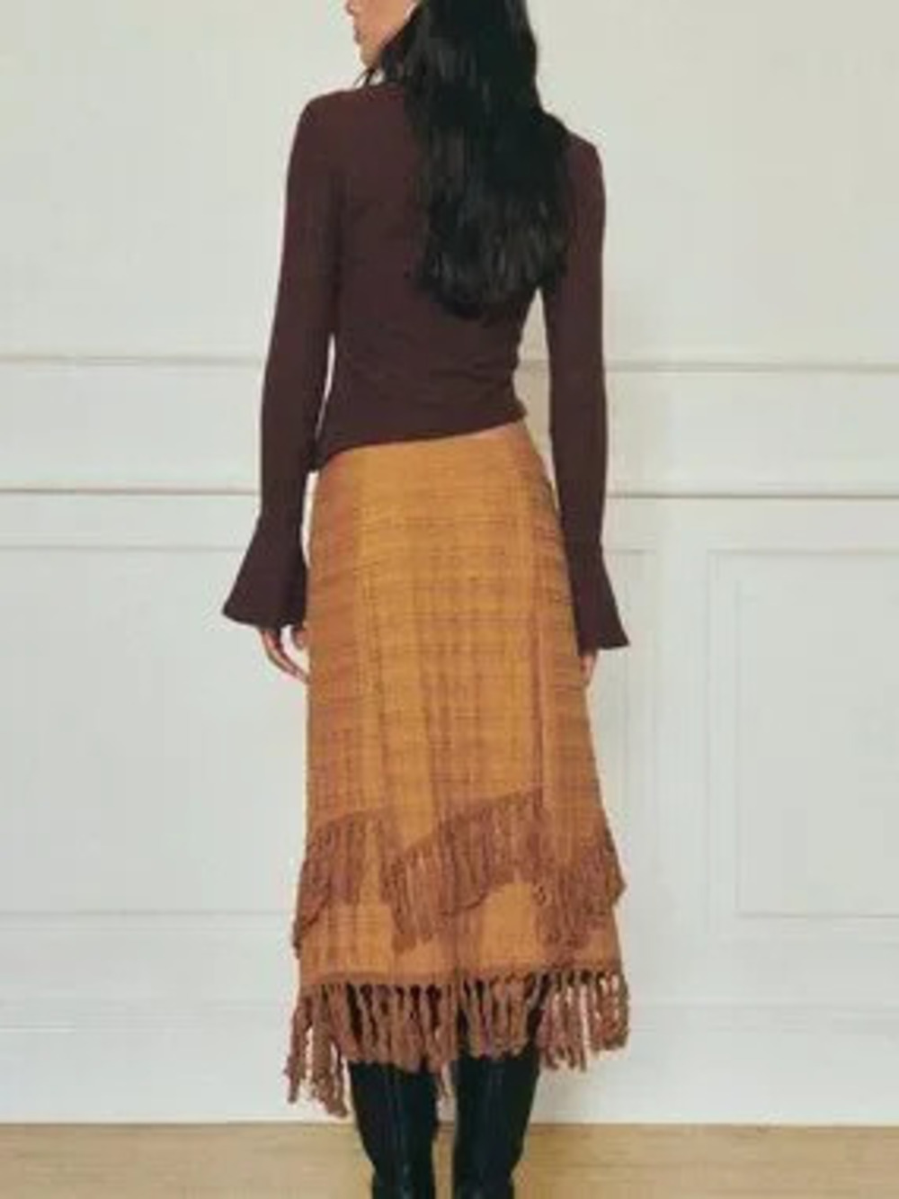 ZARA Brown Elegant Women's Fringe Midi Pencil Skirt
